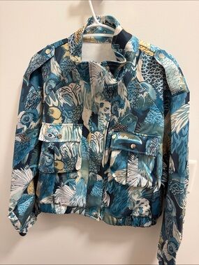 Blue & Teal Printed Bird-Pattern Jacket